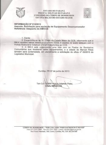 Foi concedido um Conjunto Desencarcerador ao Bombeiro Comunitário de Manoel Ribas
